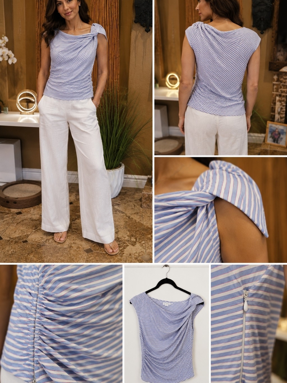 Good American Blue & White One-Shoulder Draped Blouse